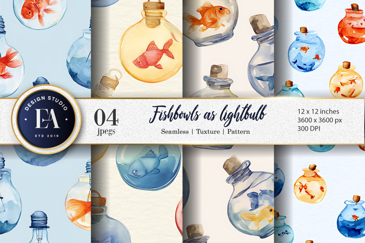 Fishbowls as Lightbulbs Watercolor Seamless Digital Paper