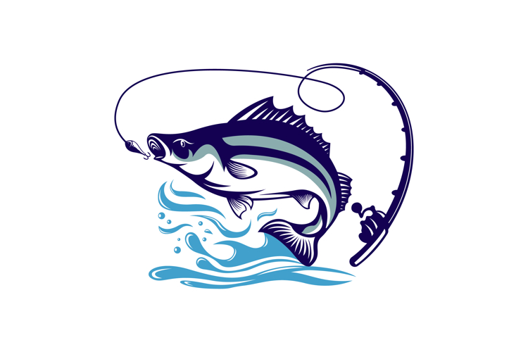 Jumping Fish with Fishing Rod and Splash Logo Design