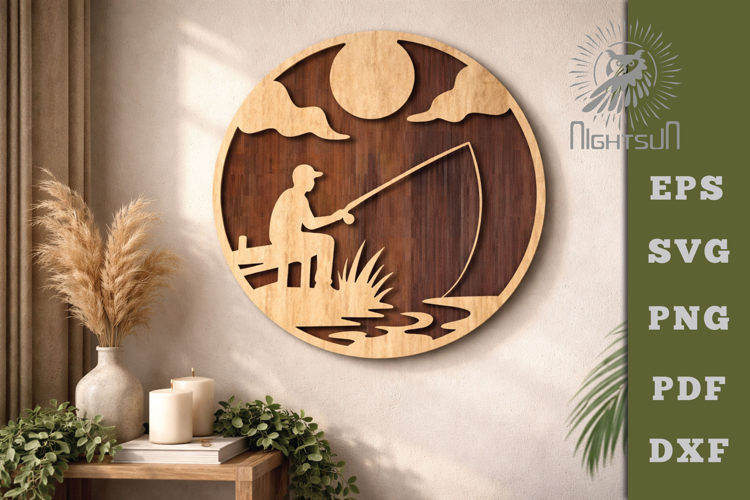 Fishing Round Lasercut Wall Decor SVG