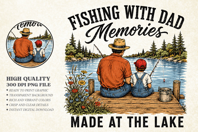 Fishing With Dad Lake Memories PNG, Vintage Fisherman Family