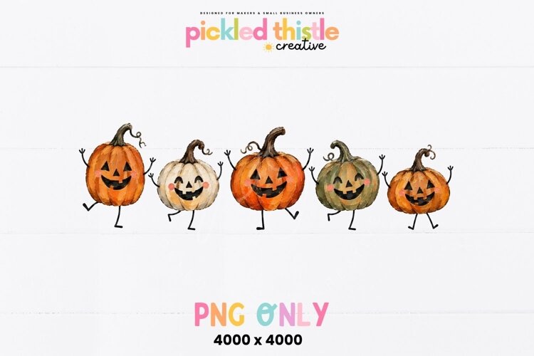 Textured pumpkin PNG with five happy Halloween characters in varied shapes and colours. Thick painterly details give the pumpkins a handmade, gesso-inspired appearance.