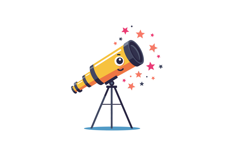 A cheerful telescope with a smiling face surrounded by color