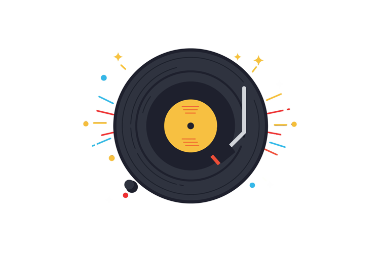 Vintage vinyl record with colorful sound waves in a flat des
