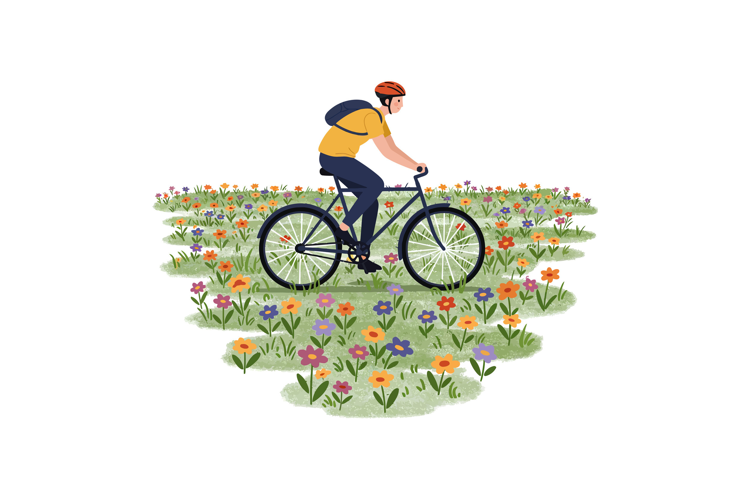 A cyclist riding through a vibrant flower field in flat vect
