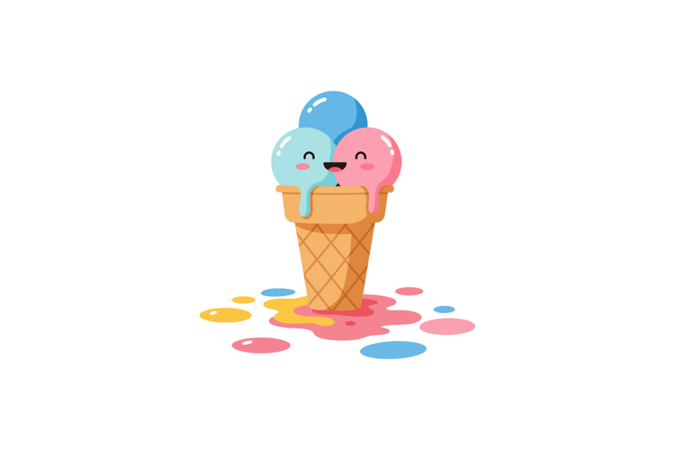 Cute ice cream cone with smiling scoops in pastel colors, fl