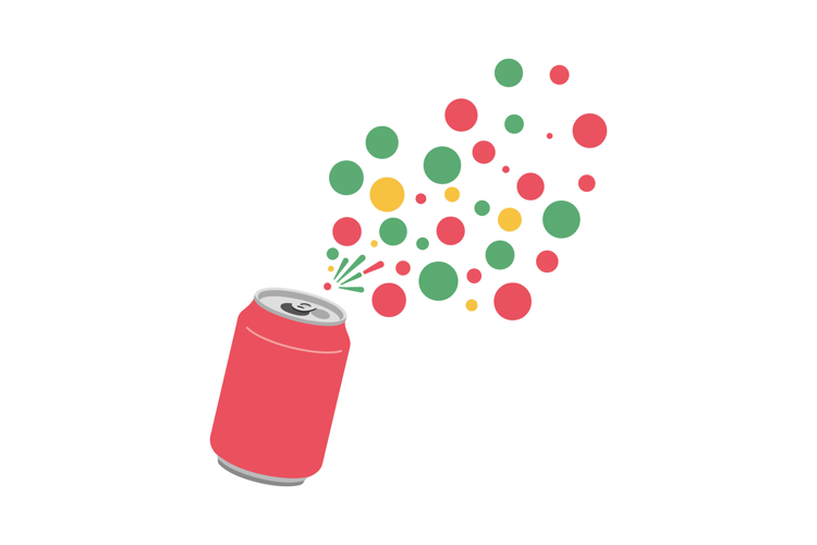 Red soda can with colorful bubbles bursting out in flat vect