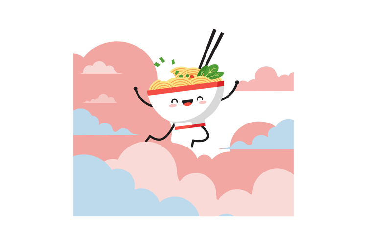 Happy bowl of noodles with chopsticks in a playful, minimal
