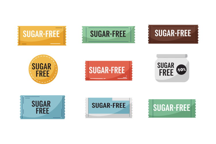 Colorful sugar-free product labels in minimal style showcasi