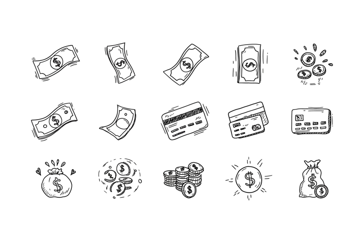 Various money symbols including cash bills and credit cards example image 1