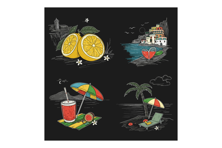 Vibrant fruits and beach scenes in flat design featuring lem