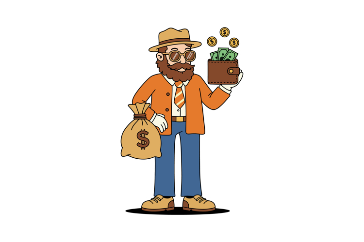 A wealthy man with a money bag and wallet, wearing stylish c