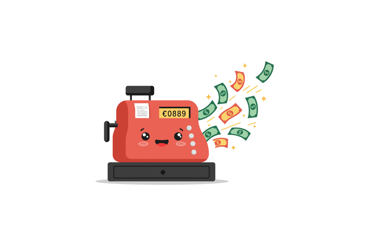 A cheerful cash register with a smiling face, detailed flat