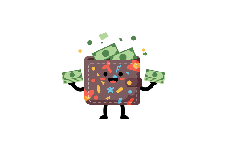 A cheerful cartoon wallet with colorful decorations holding