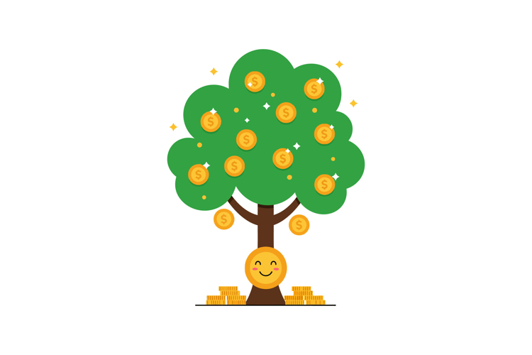 Happy money tree with smiling face and golden coins in a fla