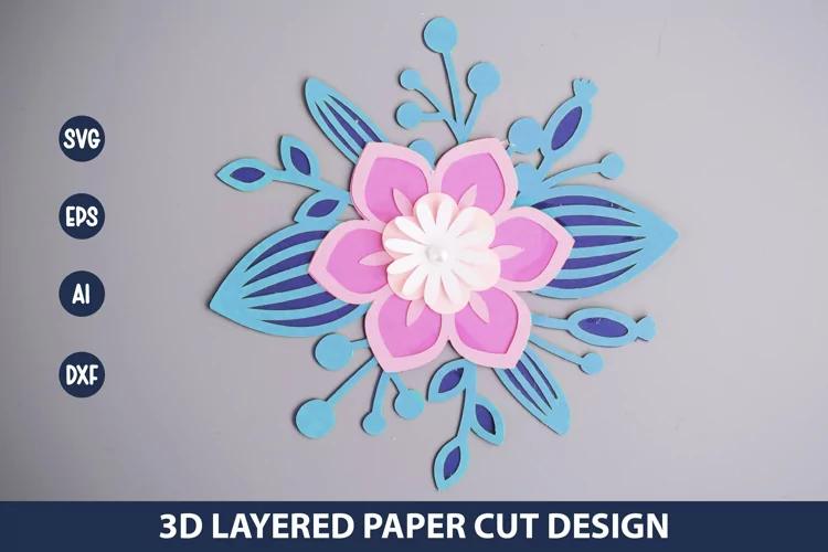 3D Layered Flower with Leaves Paper Cut