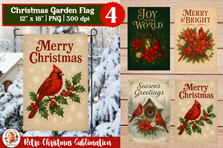 Christmas Garden Flag,Vintage Red Cardinal,Merry Christmas
