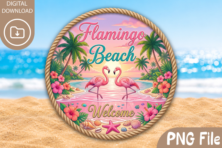 Flamingo Beach Welcome Design, Round Summer Coastal PNG