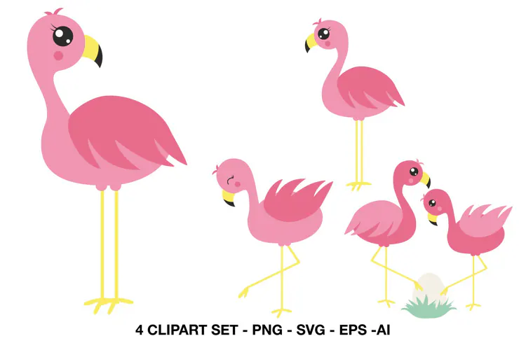 Pink Flamingo Clipart with Family and Nesting Birds