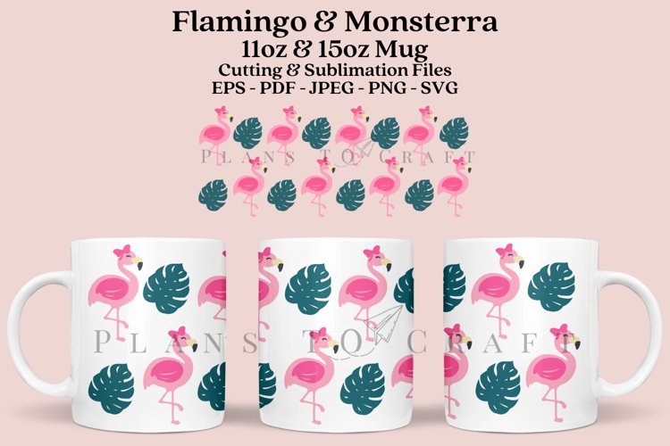 Flamingo Monsterra Mug Sublimation Wrap 11oz - 15oz