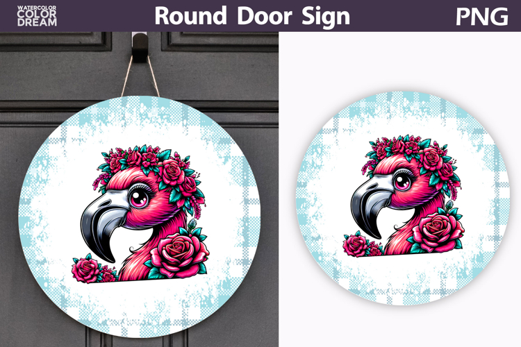 Flamingo Floral Door Sign | Round Sublimation PNG