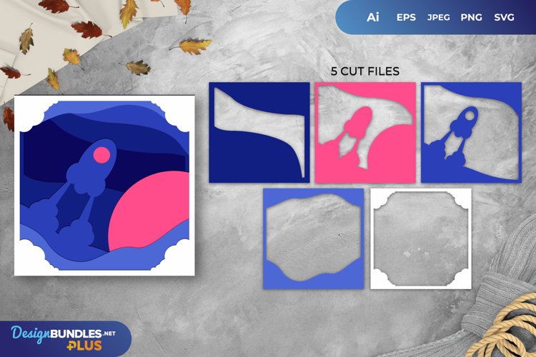 3D Papercut Rocket Launch Into The Space Layered Template