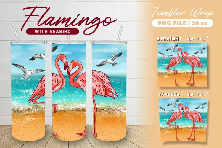 Flamingo with Seabird Watercolor Tumbler Wrap Sublimation