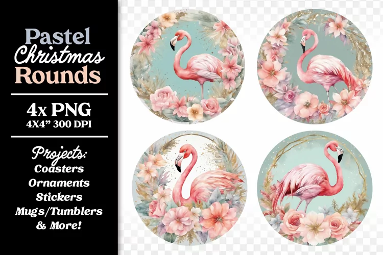 Flamingo Christmas Round Ornament Coaster Sticker Watercolor