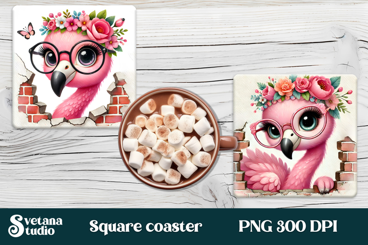 Funny flamingo square coaster | Tropical coaster PNG