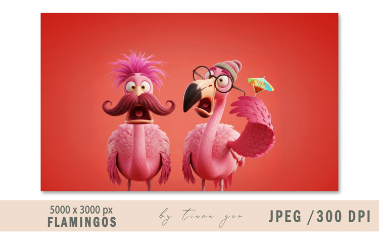 Funny 3D Cartoon Flamingos - Crazy Party Birds Illustration
