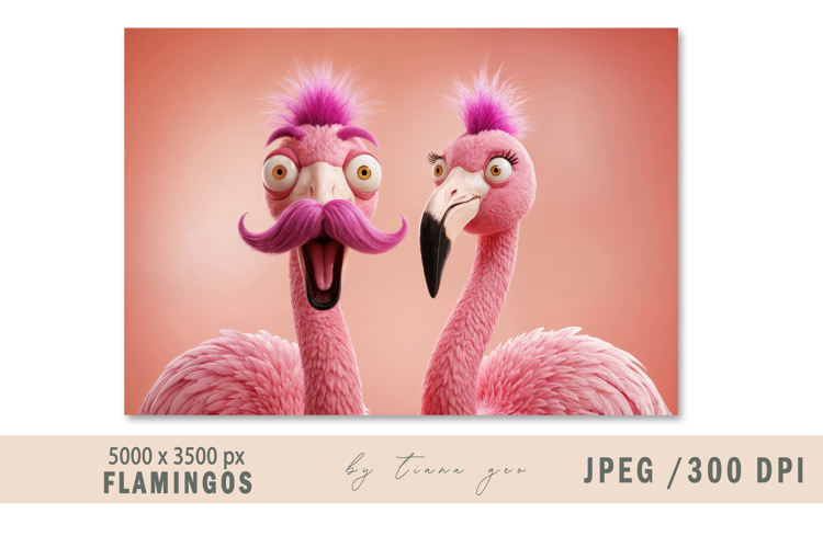 Funny 3D Cartoon Flamingo Couple - Crazy Birds Illustration