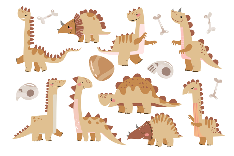 Cartoon Dinosaur Set. Beige and Brown Gender Neutral Color