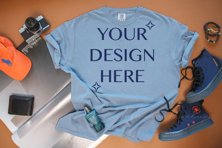 Flat lay tshirt Comfort Colors 1717 Blue Jean mockup men