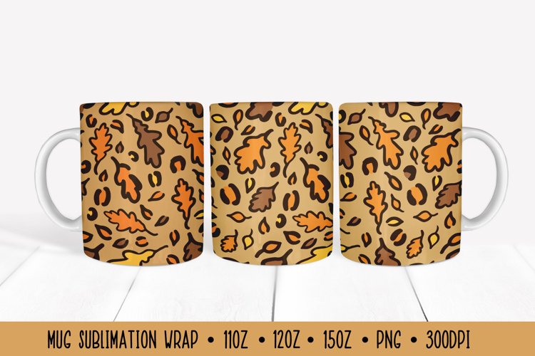 Colorful Oak Leaves Mug Sublimation. Fall Leopard Mug Wrap example image 1