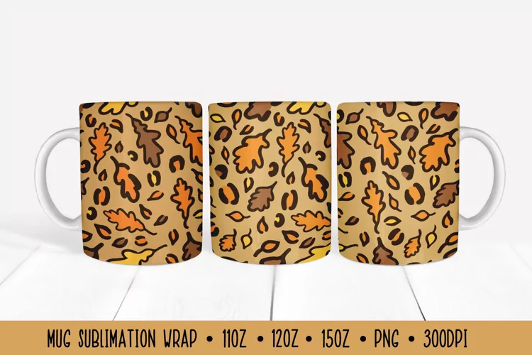Colorful Oak Leaves Mug Sublimation. Fall Leopard Mug Wrap