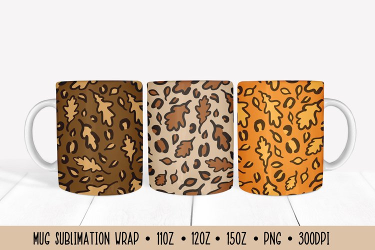 Autumn Oak Leaves Mug Wrap Sublimation. Fall Leopard Mug example image 1