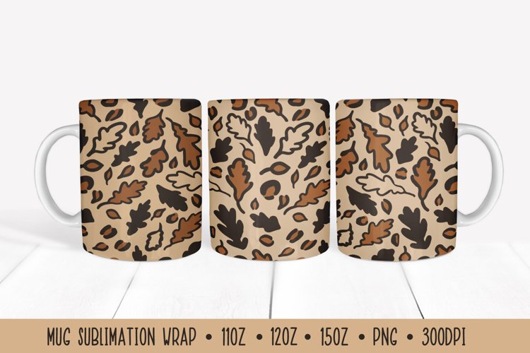 Oak Leaves Mug Sublimation Wrap. Fall Leopard Print Mug example image 1