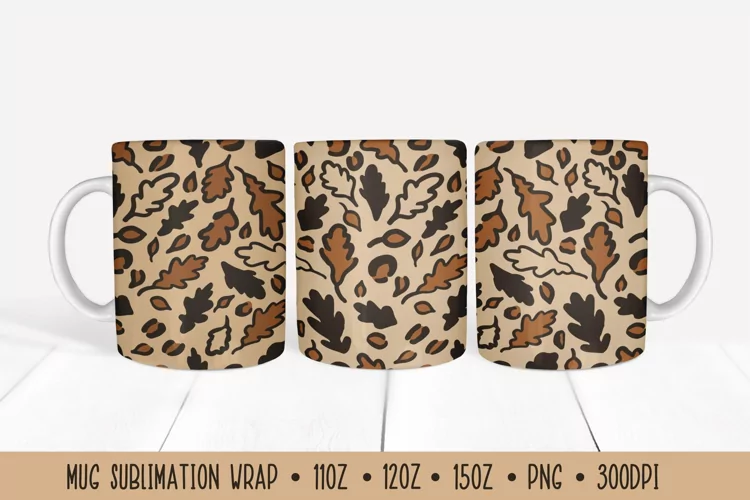 Oak Leaves Mug Sublimation Wrap. Fall Leopard Print Mug