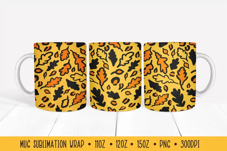 Oak Leaves Mug Wrap. Fall Leopard Print Mug Sublimation