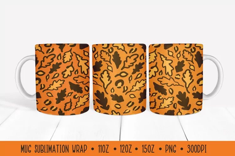 Fall Oak Leaves Mug Wrap. Leopard Print Mug Sublimation