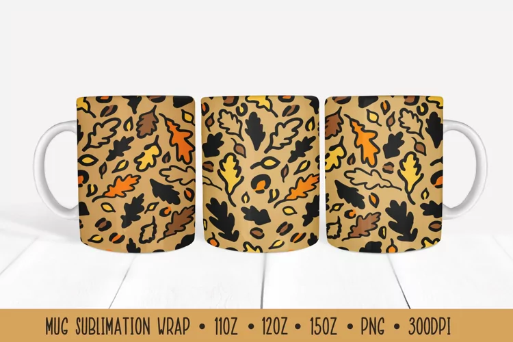 Colorful Fall Leaves Mug Wrap. Leopard Print Sublimation Mug