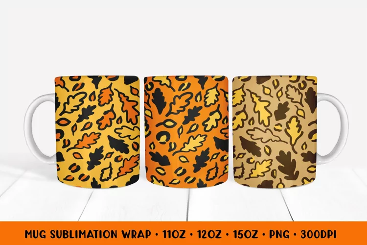 Fall Oak Leaves Mug Sublimation Wrap. Leopard Print Mug