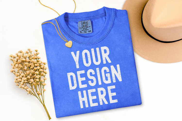 Comfort Colors C1717 Flo Blue Shirt Mockup, Flat Lay Mockup