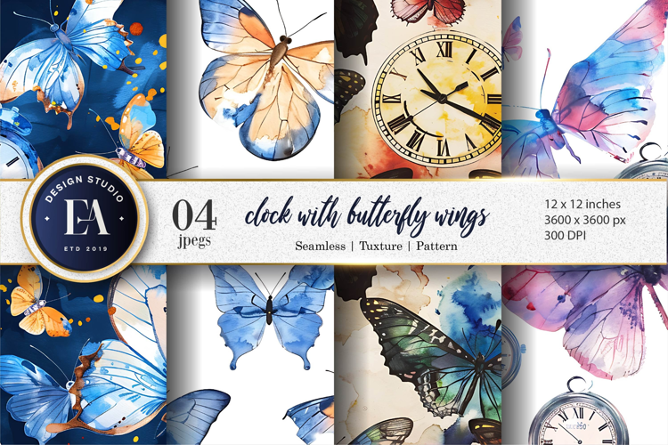 Butterfly Winged Clocks Surreal Watercolor Seamless DP