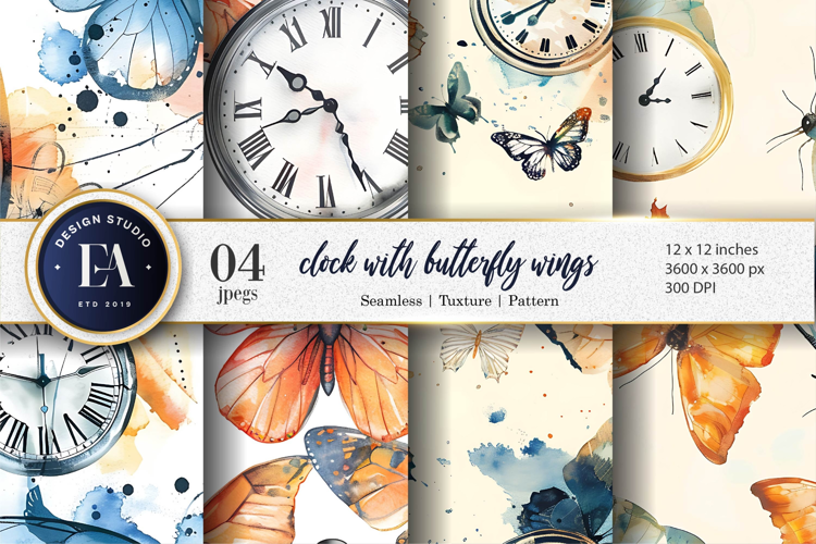 Whimsical Clocks with Wings Fantasy Watercolor Digital Paper