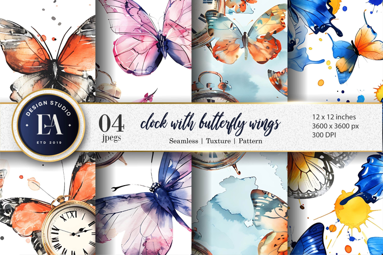Floating Clocks with Butterfly Wings Watercolor Digital Pape