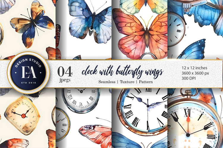 Whimsical Clocks with Wings Fantasy Watercolor Digital Paper