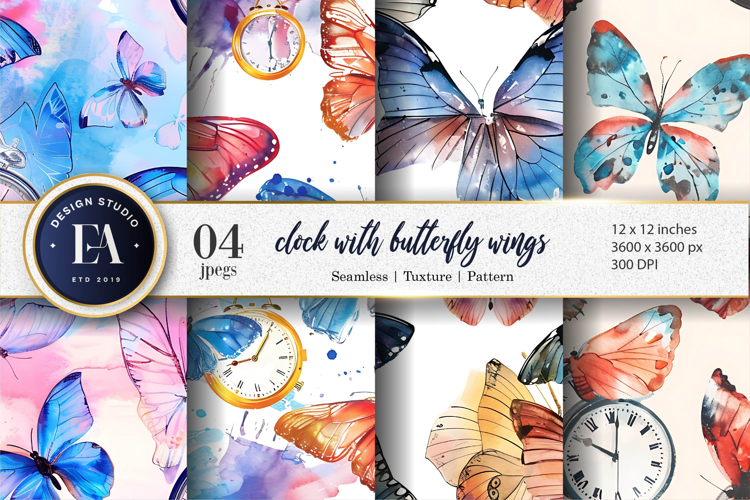 Whimsical Clocks with Wings Fantasy Watercolor Digital Paper
