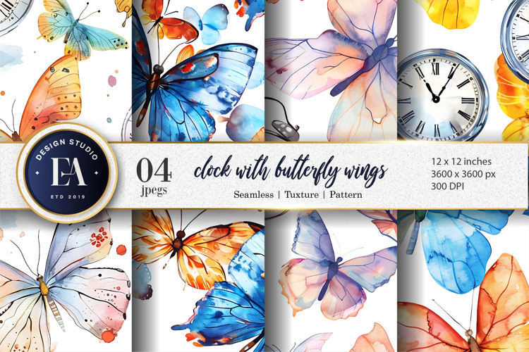 Floating Clocks with Butterfly Wings Watercolor Digital Pape