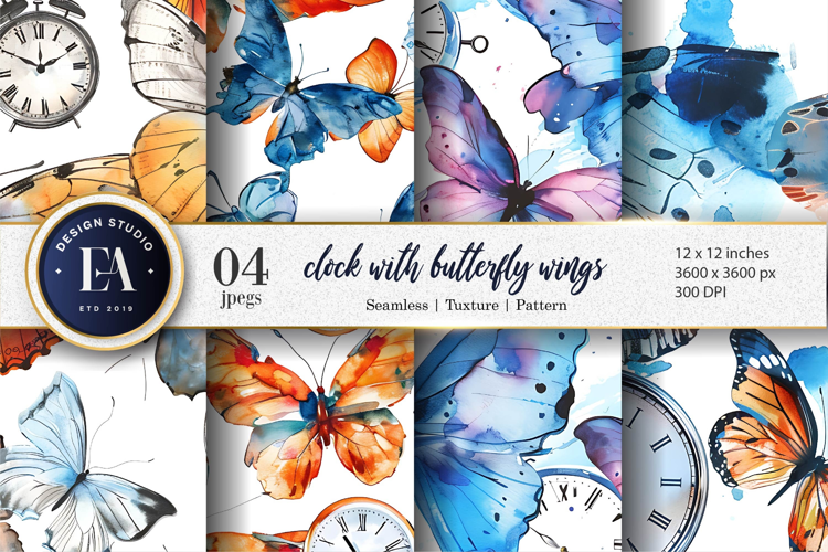 Butterfly Winged Clocks Surreal Watercolor Seamless DP