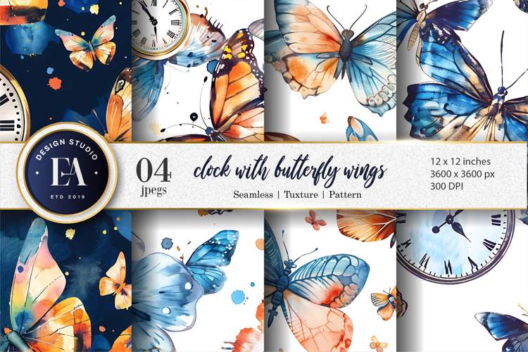 Whimsical Clocks with Wings Fantasy Watercolor Digital Paper